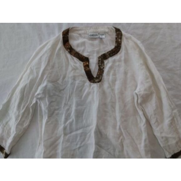 Chico's White Tunic Blouse Linen Sequins Women's Size 1 - Picture 2 of 8